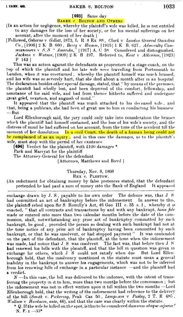 Page 1033 of volume 170 of the English Reports, showing the half-page report of Baker v. Bolton (1808). The famous sentence — 'In a civil Court, the death of a human being could not be complained of as an injury' — is highlighted near the foot of the case report.